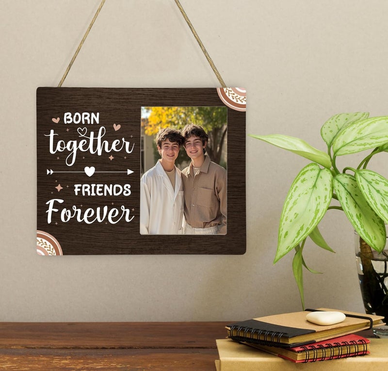CAIFZ Born Together Friends Forever Boho Picture Frame, Twins New Baby Wooden Photo Frame, 4x6 inch Photo - Image 4